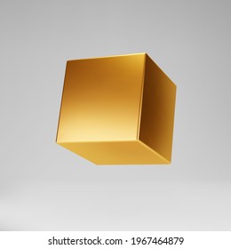 3d gold metallic cube isolated on grey background. Render a rotating glossy golden 3d box model in perspective with lighting and shadow. Realistic vector geometric shape