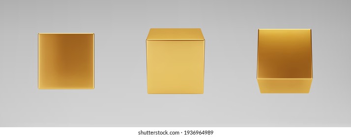 3d gold metallic cubes set isolated on grey background. Render a rotating glossy golden 3d box model with different angles in perspective with lighting and shadow. Realistic vector geometric shapes