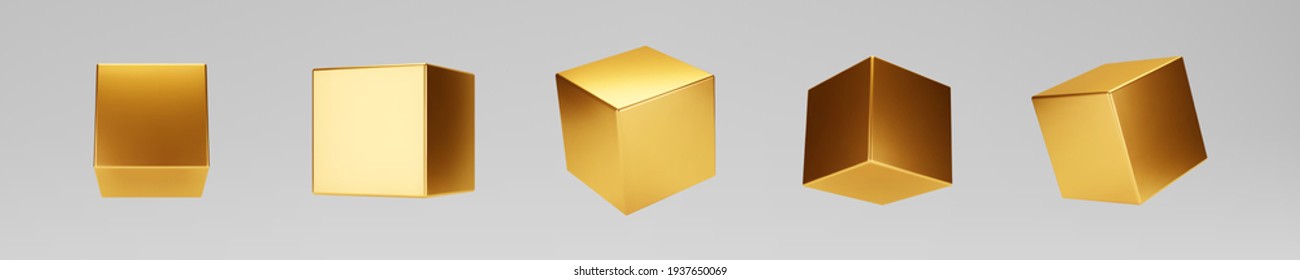 3d gold metallic cubes set isolated on grey background. Render a rotating glossy golden 3d box model with different angles in perspective with lighting and shadow. Realistic vector geometric shapes