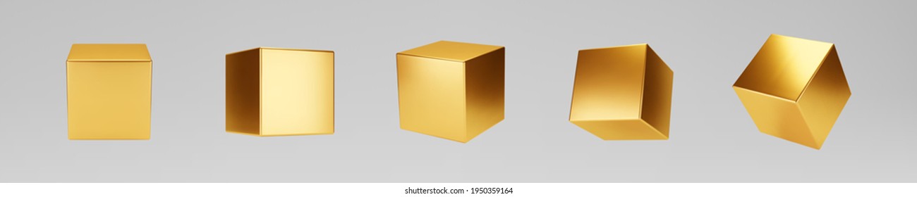 3d gold metallic cubes set isolated on grey background. Render a rotating glossy golden 3d box model with different angles in perspective with lighting and shadow. Realistic vector geometric shapes