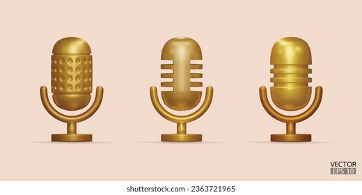 3D gold microphone on stand icon set. Podcast icon vector. Voice vector icon, Record. audio equipment, Broadcasts, and interviews. 3d vector illustration.