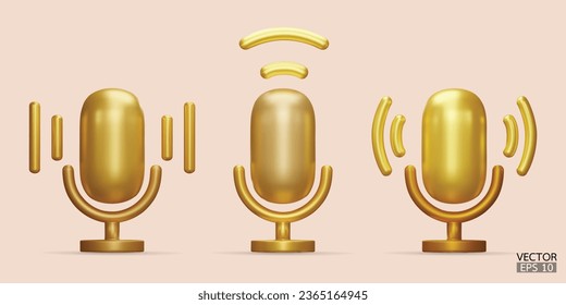 3D gold microphone on stand icon set. Podcast icon vector. Voice vector icon, Record. audio equipment, Broadcasts, and interviews. 3d vector illustration.