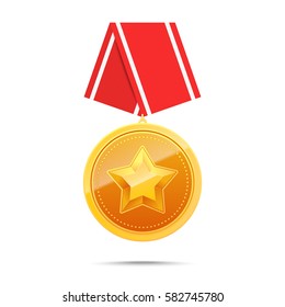 3D Gold Military medal with star and red ribbon. Winner award icon. Best choice badge. Vector illustration