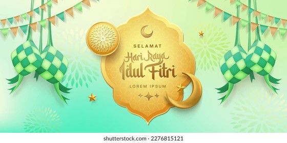 3d gold modern Islamic holiday banner, suitable for Ramadan, Eid Fitri, Eid Adha and Maulid. Moon and ketupat with islamic decor on soft green background.