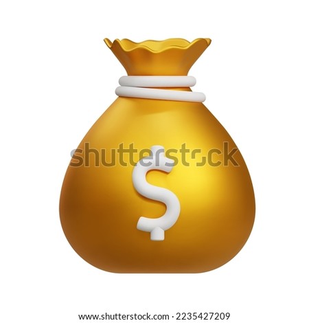 3D gold money bag with dollar icon. Cash, interest rate, business and finance, return on investment, financial solution, prepayment and down payment concept. Vector cartoon illustration isolated
