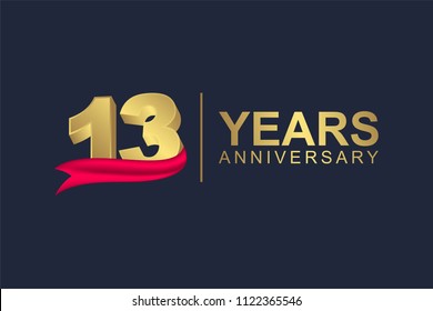 3d gold number of happy 13 years anniversary with elegant red ribbon