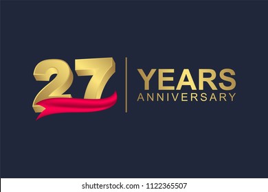 3d gold number of happy 27 years anniversary with elegant red ribbon