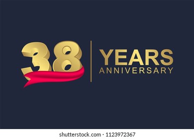 3d gold number of happy 38 years anniversary with elegant red ribbon