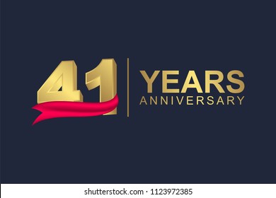 3d gold number of happy 41 years anniversary with elegant red ribbon