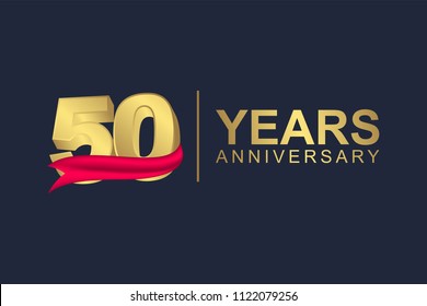 3d gold number of happy 50 years anniversary with elegant red ribbon