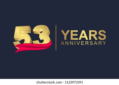 3d gold number of happy 53 years anniversary with elegant red ribbon