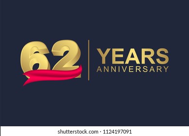 3d gold number of happy 62 years anniversary with elegant red ribbon