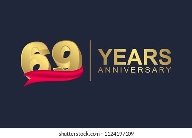 3d gold number of happy 69 years anniversary with elegant red ribbon