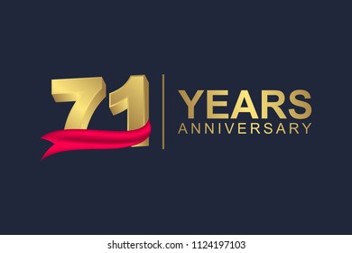 3d gold number of happy 71 years anniversary with elegant red ribbon