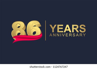 3d gold number of happy 86 years anniversary with elegant red ribbon