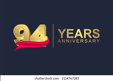 3d gold number of happy 94 years anniversary with elegant red ribbon