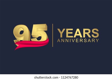 3d gold number of happy 95 years anniversary with elegant red ribbon