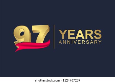 3d gold number of happy 97 years anniversary with elegant red ribbon