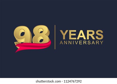 3d gold number of happy 98 years anniversary with elegant red ribbon
