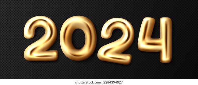 3d gold numbers of 2024 year. Happy New Year celebration party decoration. Luxury golden balloons in shape of 2, 4 and 0 digits, vector realistic illustration isolated on transparent background