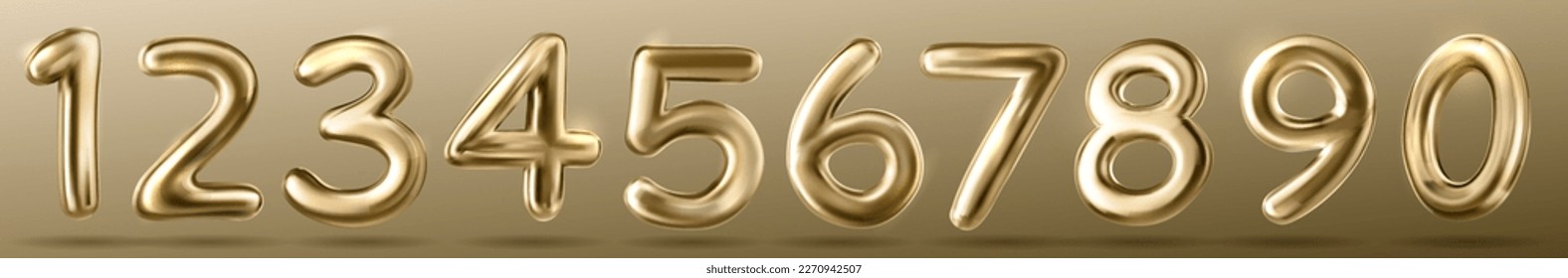 3d gold numbers font. Golden balloons for birthday party, anniversary celebrate, new year holiday. Icons of glossy 3d digits, vector realistic illustration isolated on background