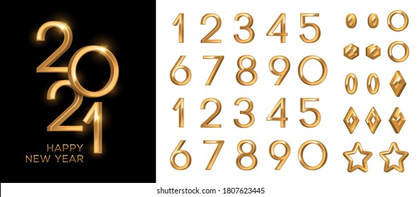 3d Gold Numbers Set In Vintage Style. Vector Illustration. Minimal Invitation Design For Christmas And New Year 2021 With Retro Elements Circle, Star And Baubles, Alphabet Typeface Glowing Text