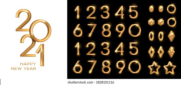 3d gold numbers set in vintage style. Vector illustration. Minimal invitation design for Christmas and New Year 2021 with metal retro elements circle, star and baubles.