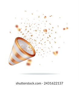 3D Gold Party Popper with Confetti Isolated on White. Render Golden Confetti Collection. Striped Firecracker Elements in Various Shapes. Party, Holyday Surprise or Birthday Events. Vector Illustration