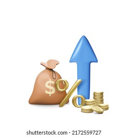 3D Gold Percent Sing with Money Bag and Coins Stack and Arrow Up in Cartoon Style. Growth of Savings in Bank Account. Success of Trading on Stock Exchange. Vector illustration