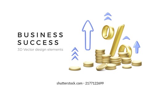 3D gold percent symbol with stack of coins and arrows up in cartoon realistic style. Increase interest rate.  Interest rate up and increase income. Business success concept. Vector illustration