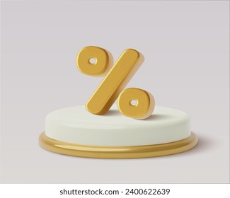 3D gold percentage sign on white podium with realistic shadow. Sale, discount and money saving concept. Shopping banner and special offers design element. Three dimensional vector illustration.