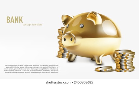 3D Gold Piggy Bank With Coins Around Isolated On White Background. EPS10 Vector