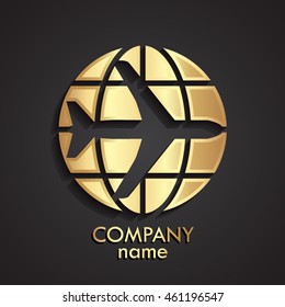 3d gold plane globe logo / vector illustration