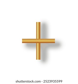 3D gold plus sign on a white background. Realistic symbol for mathematical and medical concepts, design projects, and digital content. Vector illustration