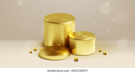 3d gold podium background. Product display stage abstract premium vector. Elegant award pedestal with golden ball metal shape. Minimal studio presentation mockup for winner or cosmetic shine concept