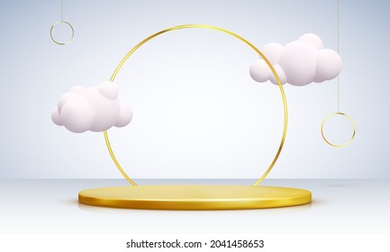 3d gold podium decorated with clouds. Realistic pedestal scene for product, advertising, show, award ceremony, on yellow background. Minimal style. Vector illustration