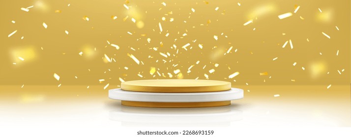 3d gold podium and falling confetti winner vector background. Award stage for introduction ceremony. Round win pedestal for luxury product presentation. Exhibition scene with glitter decoration