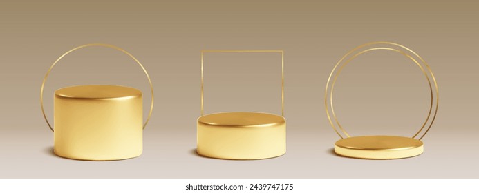 3d gold podium with frame. Premium award or product stage. Elegant round platform with light shine for glamour ceremony or luxury presentation. Empty minimal realistic studio mockup layout template