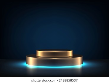 3D gold podium illuminated by a blue spotlight on a dark blue background. Vector illustration