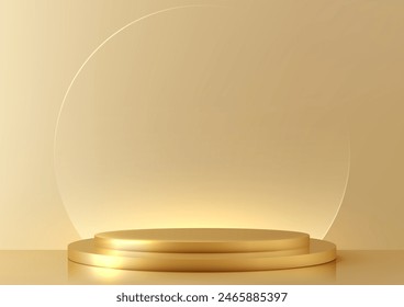 3D gold podium mockup with circle transparent glass backdrop, Featuring a realistic design and luxurious gold accents, product display, showroom, showcase