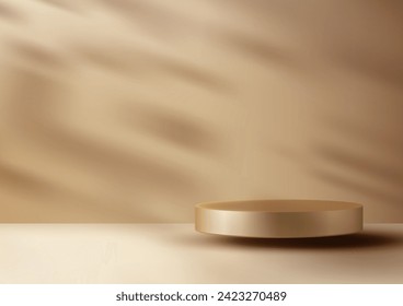 3D gold podium mockup. Featuring a clean beige background and subtle leaf shadows, Display is perfect for showcasing jewelry, cosmetics, fragrances. Vector illustration