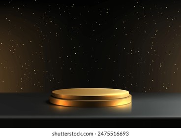 3D Gold Podium on Dark Background with Sparkling Glitter for Luxury Product Display and Mockup