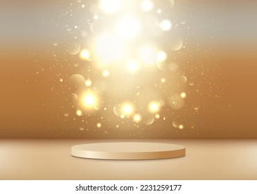 Decoración vacía de pedestal de podio dorado 3D con luces de brillo dorado estilo de lujo de fondo. Se puede utilizar para la presentación de productos, etc.