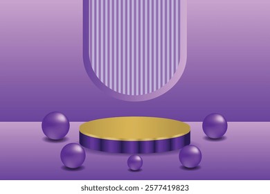 3D gold podium surrounded by metallic purple balls, purple gradient background with vertical texture elements, mockup appearance, giving a futuristic and modern feel.