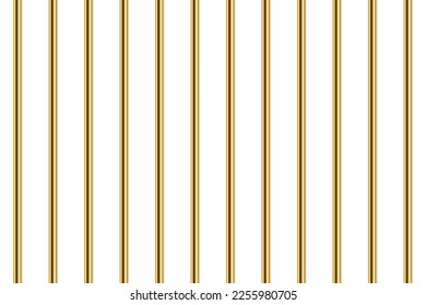 3d gold prison cage vector illustration. Realistic vertical golden metal jail bars, iron mesh, closed steel gaol lattice from pipes for arrest and punishment of criminals in jailhouse seamless pattern