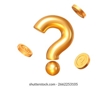 3D Gold Fragezeichen mit fliegenden Münzen. Symbol für FAQ-Problemlösung. Vektorgrafik auf isoliertem Hintergrund.	
