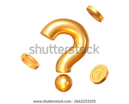 3d gold question mark with flying coins. Faq problem solution symbol. Vector illustration on isolated background.	
