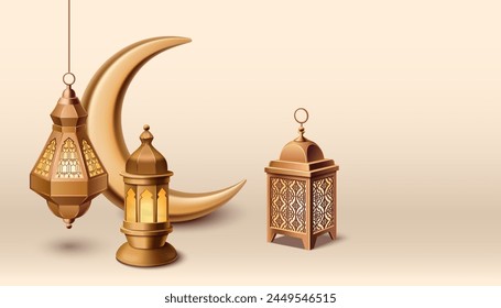 3D Gold Ramadan Islam Laterne Vektorgrafik Hintergrund. Goldene realistische islamische Dekoration mit Fanoos, muslimischen Ornamenten und Halbmond. Arabisches Traditionsobjekt auf Banner für Diwali-Feier und Gruß