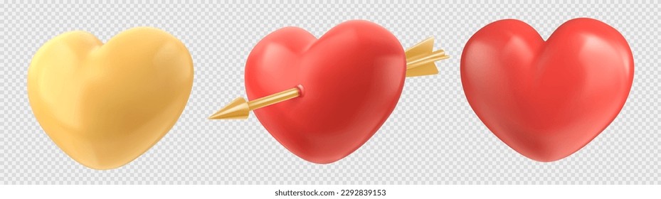 3d gold and red heart balloon icon with arrow vector isolated on transparent background. Shiny and glossy Valentine day shape element design. Cupid baloon dimensional symbol clipart collection.