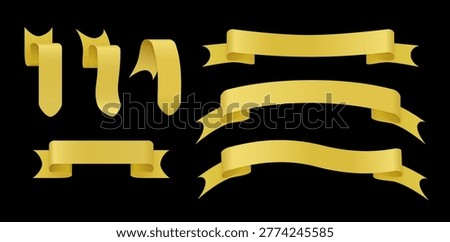 3d gold ribbon banners and tags for award and celebration. Blank labels from curve golden band. Yellow ribbon banners isolated on black background, vector illustration